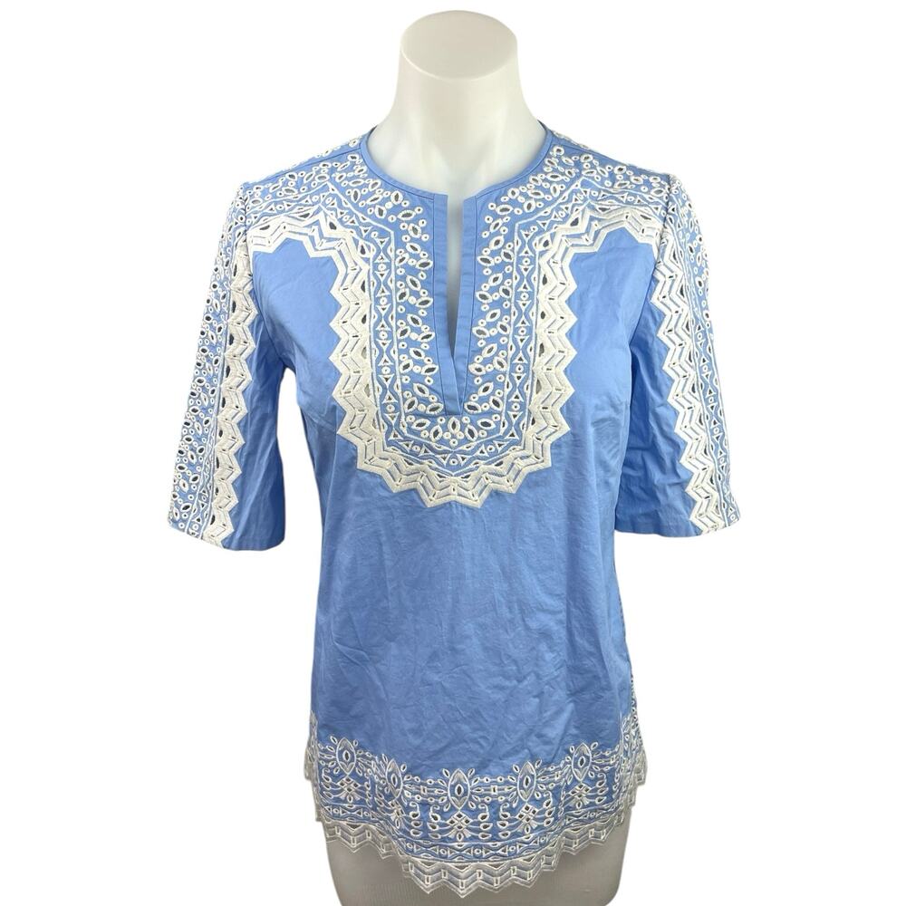 Tory Burch Blue White Embroidered Boho Half Sleeve Casual Tunic Blouse Top Sz 2